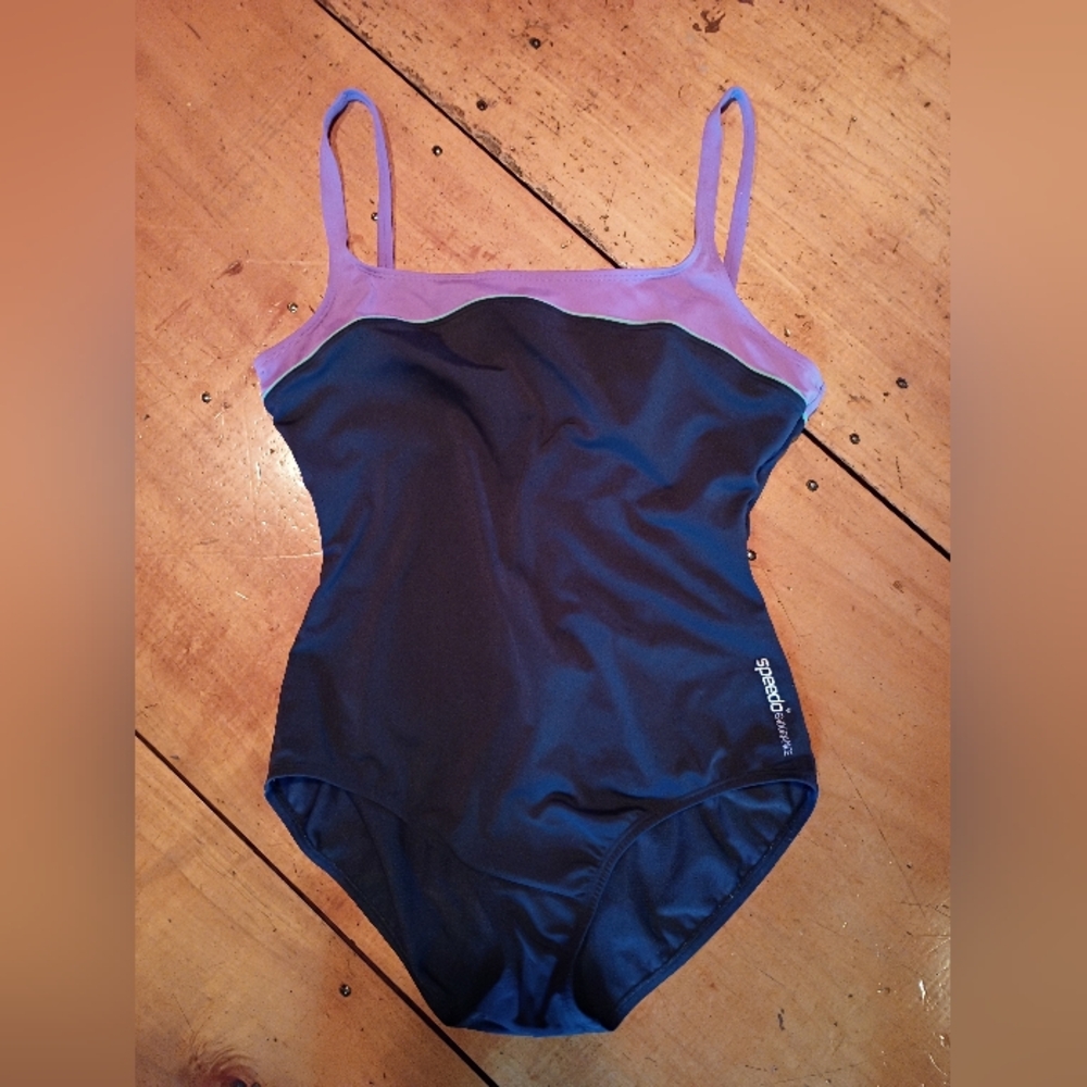 Speedo Black One-Piece Swimsuit with Purple Trim